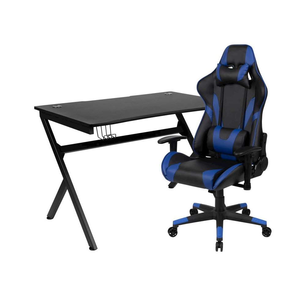 Black Gaming Desk and Blue/Black Reclining Gaming Chair Set with Cup Holder, Headphone Hook & 2 Wire Management Holes. Picture 1