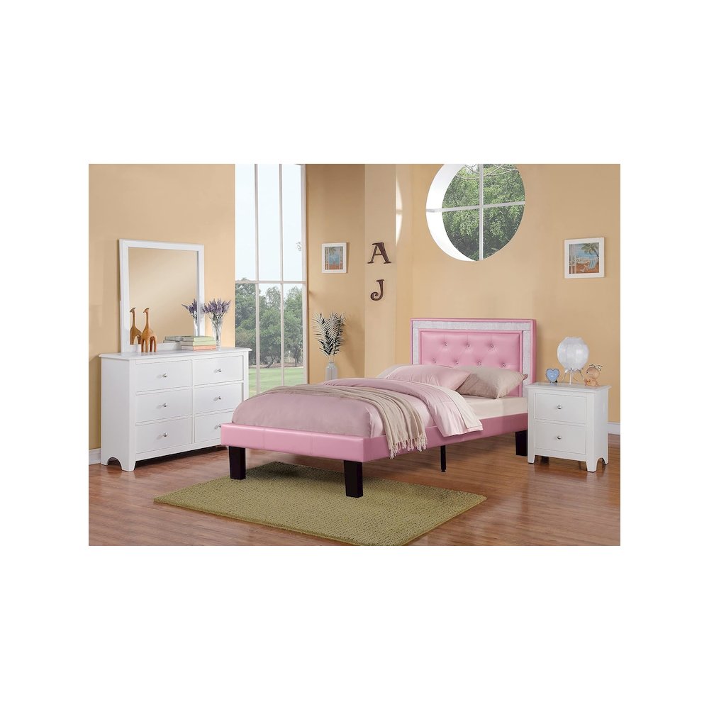 Twin Upholstered Bed Frame with Slats in Pink Faux Leather. Picture 4