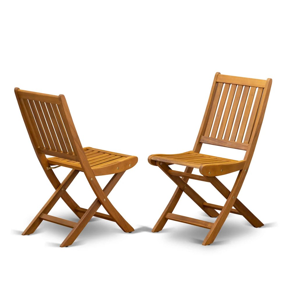 East West Furniture 3-Pc Outdoor Patio Set Consists of a Wooden Folding Table and 2 Folding Camping Chairs Ideal for Garden, Terrace, Bistro, and Porch - Natural Oil Finish. Picture 3