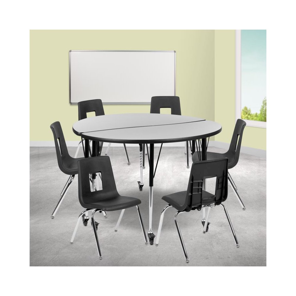 Mobile 47.5" Circle Wave Flexible Laminate Activity Table Set with 18" Student Stack Chairs, Grey/Black. Picture 2