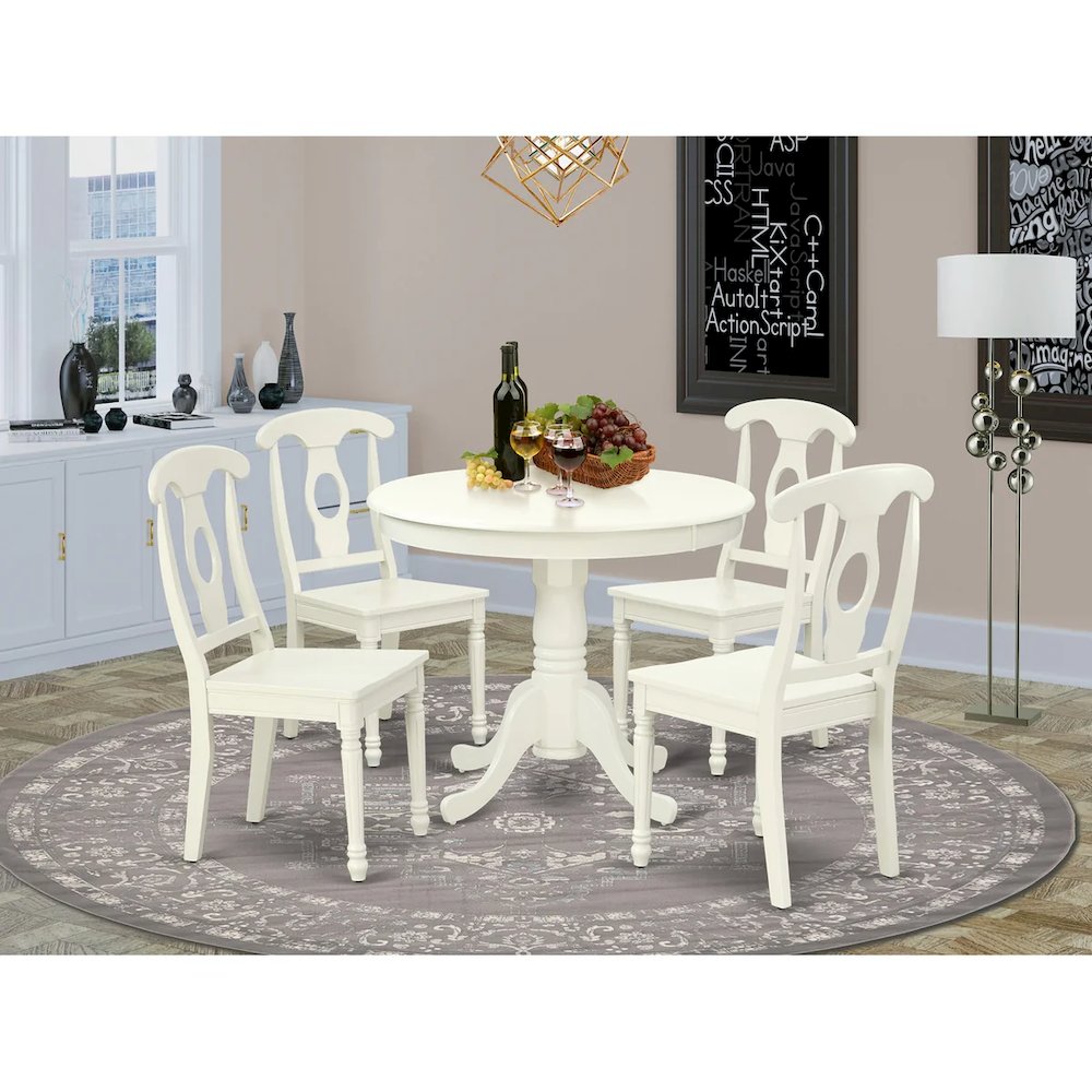 5 Piece Dinette Set for 4 Includes a Round Kitchen Table with Pedestal Base and 4 Dining Chairs, 36x36 Inch, Linen White. Picture 6