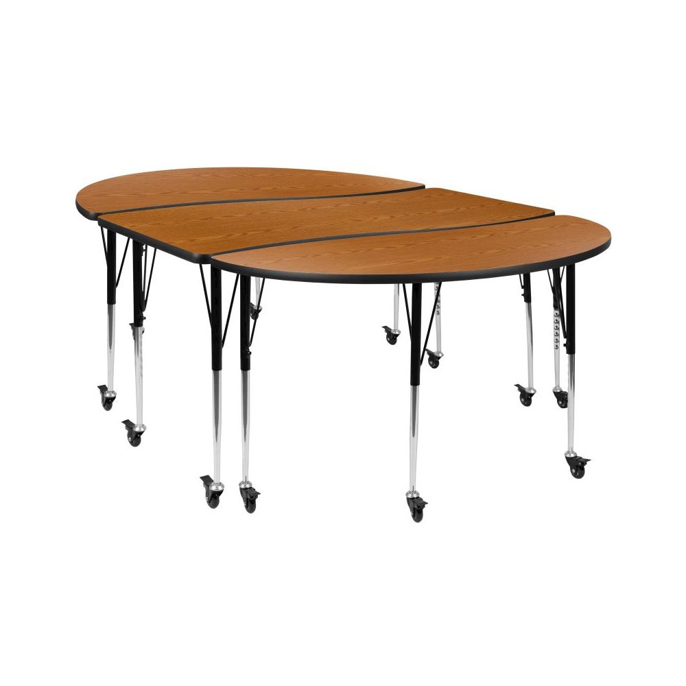 3 Piece Mobile 86" Oval Wave Flexible Oak Thermal Laminate Activity Table Set-Standard Height Adjustable Legs. Picture 1
