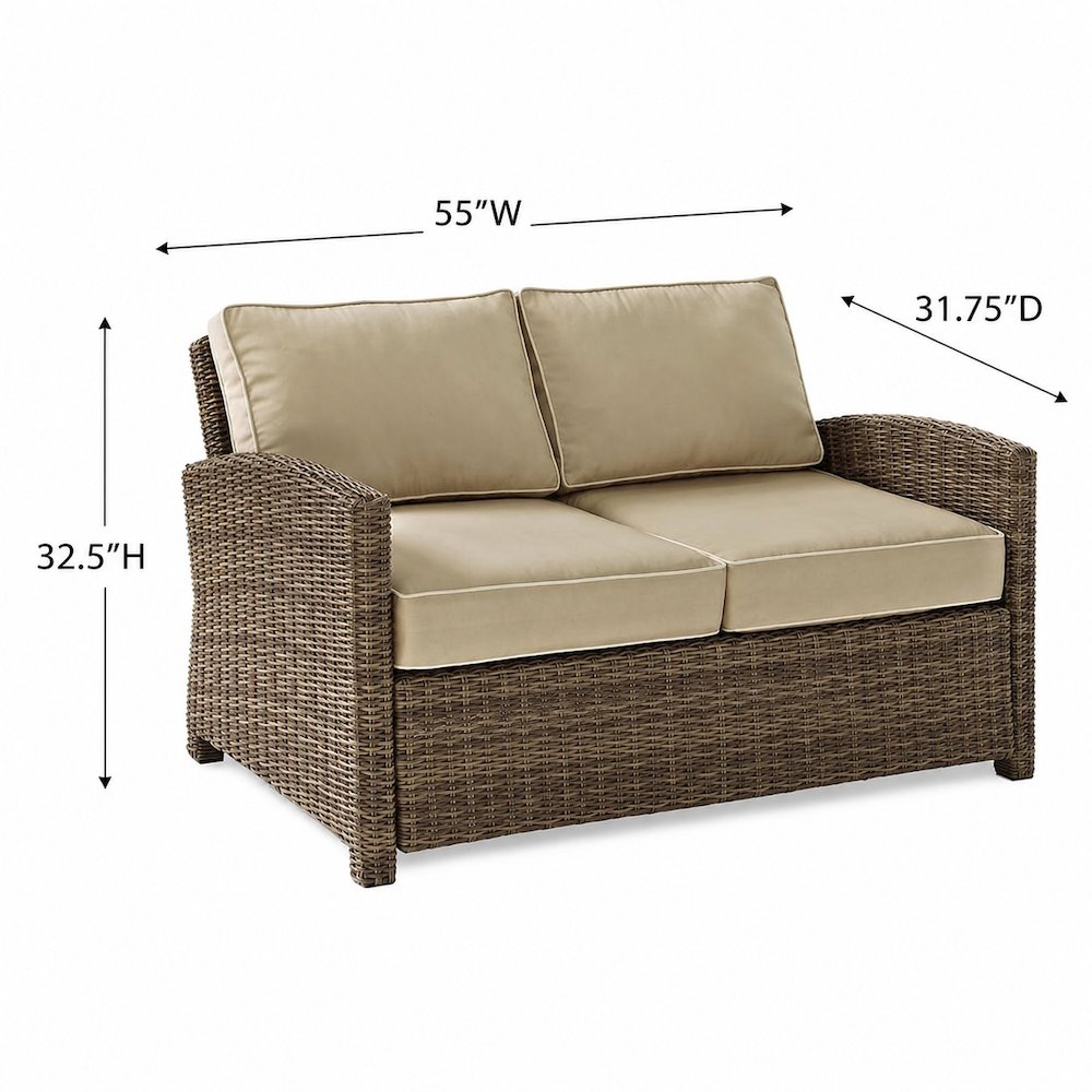 Outdoor Wicker Loveseat in Sand/Weathered Brown with Weather-Resistant Material. Picture 4