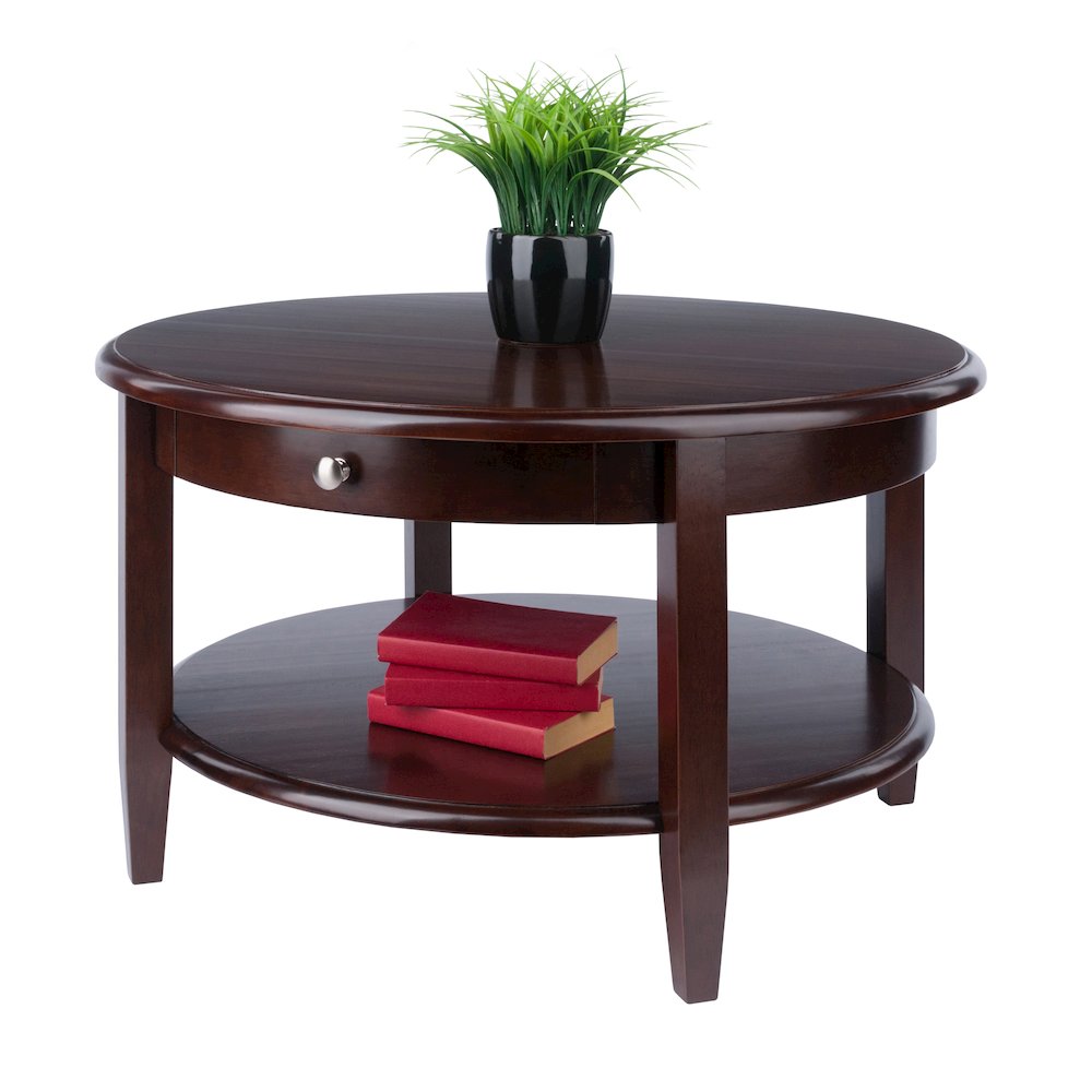 Concord Round Coffee Table with Drawer and Shelf. Picture 4