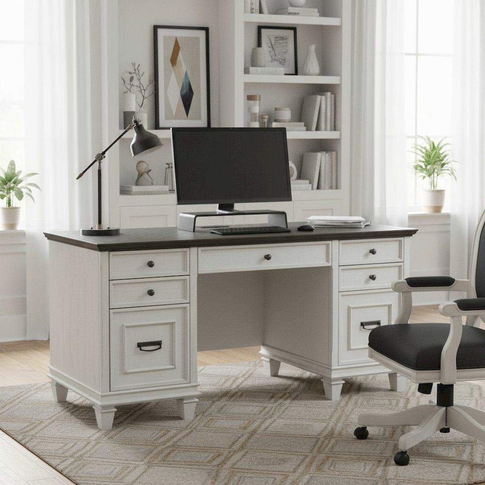 Wood Credenza, 4 Drawers, Printer Pullout, Power Center, White. Picture 2