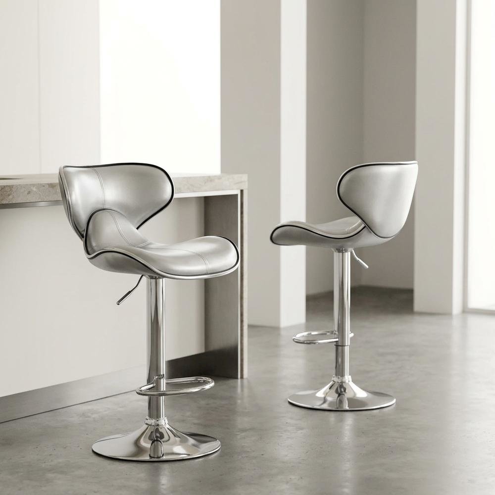 Silver Leatherette Adjustable Swivel Barstool with Chrome Base, Set of 2. Picture 2