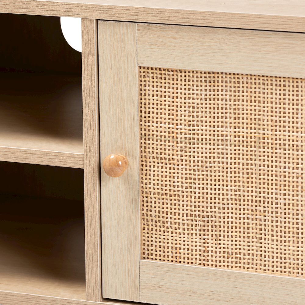 Mid-Century Modern Light Brown Finished Wood 2-Door TV Stand with Natural Rattan. Picture 8