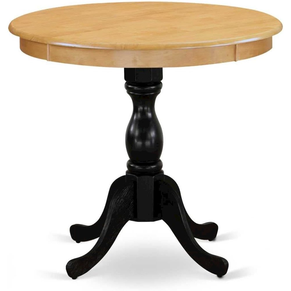 East West Furniture Antique 36" Round Dining Room Table for Small Space - Oak Top & Black Pedestal. Picture 1