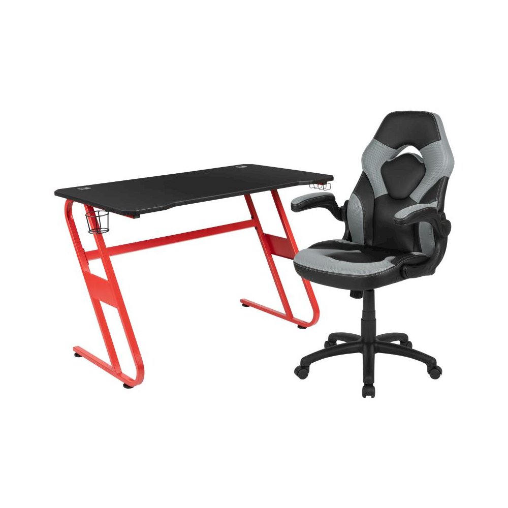 Red Gaming Desk and Gray/Black Racing Chair Set with Cup Holder and Headphone Hook. Picture 1