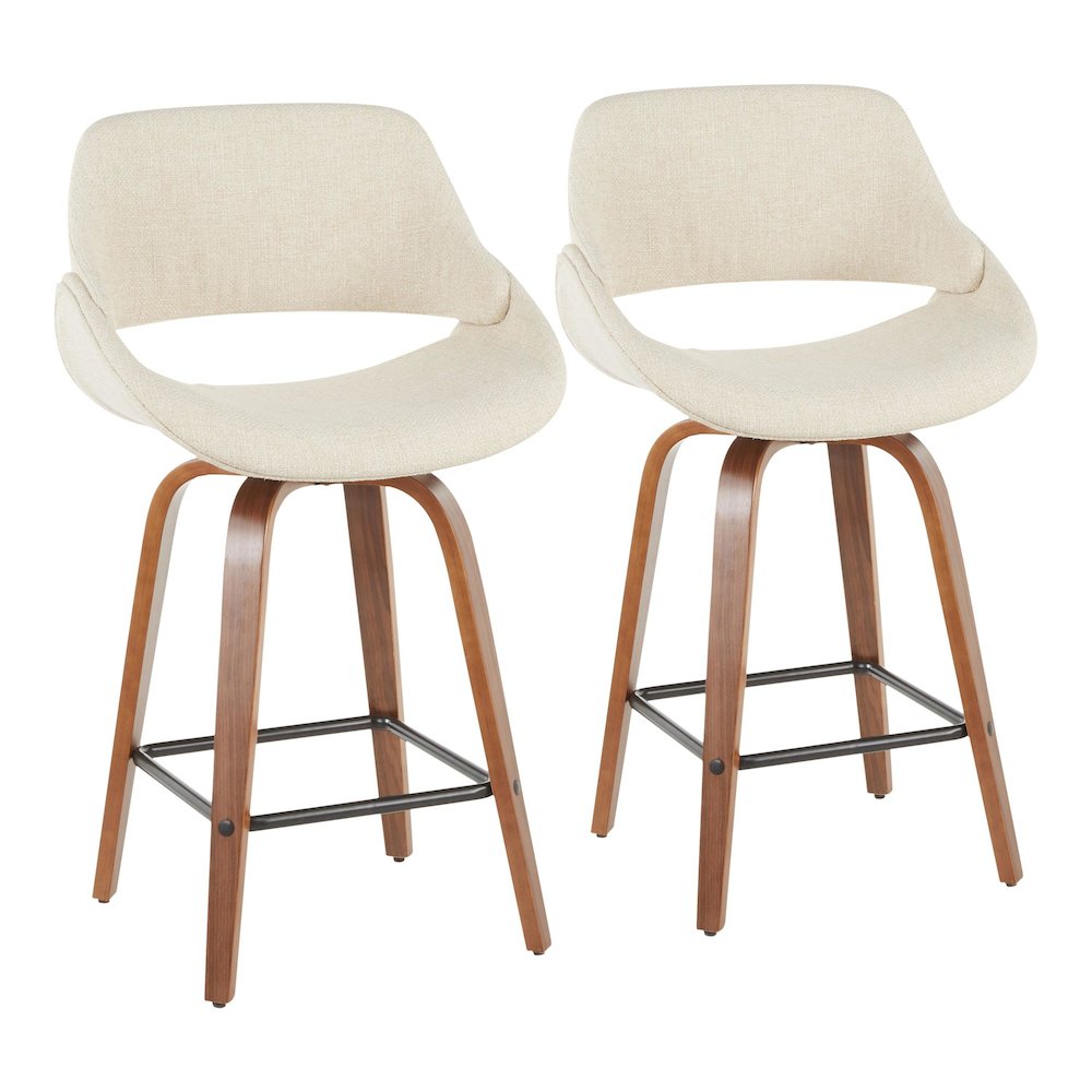 Walnut Wood, Cream Fabric, Black Metal Fabrico Counter Stool - Set of 2. Picture 1