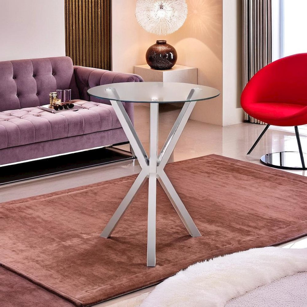 Sleek Chrome Round Bar Table with Clear Glass Top for Elegant Entertaining. Picture 4