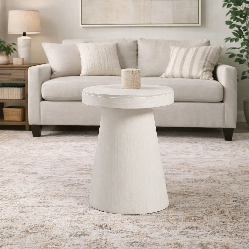 White Stone Accent Table with Honed Top – Round Outdoor or Living Space Piece. Picture 2