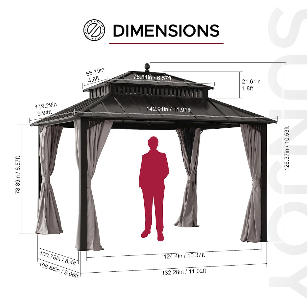 12 ft x 10 ft Hardtop Gazebo with Steel & PC Roof, Brown Aluminum Frame. Picture 7