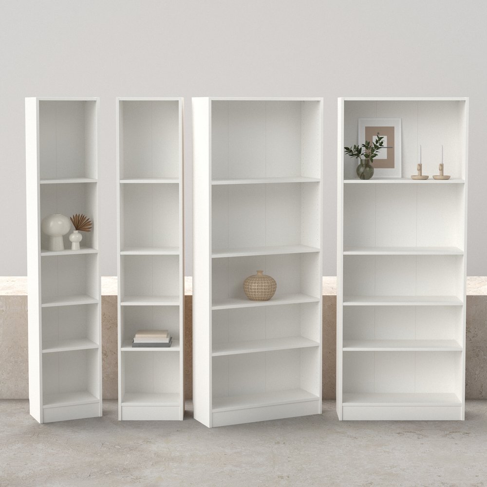 4-Piece Set, Two Narrow 5 Shelf Bookcases and Two Wide 5 Shelf Bookcases. Picture 2
