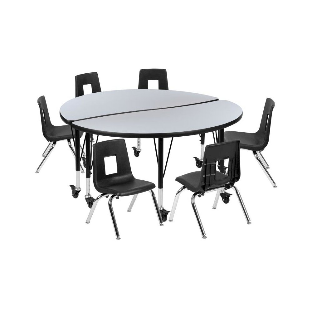 Mobile 47.5" Circle Wave Flexible Laminate Activity Table Set with 14" Student Stack Chairs, Grey/Black. Picture 1