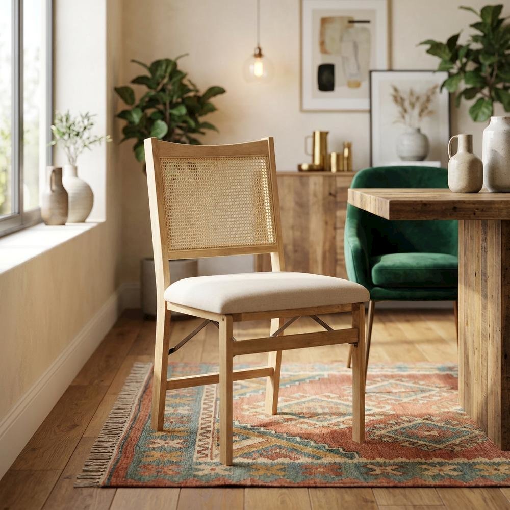 Beige Rattan Cane Folding Dining Side Chair with Polyester Fabric Seat. Picture 3