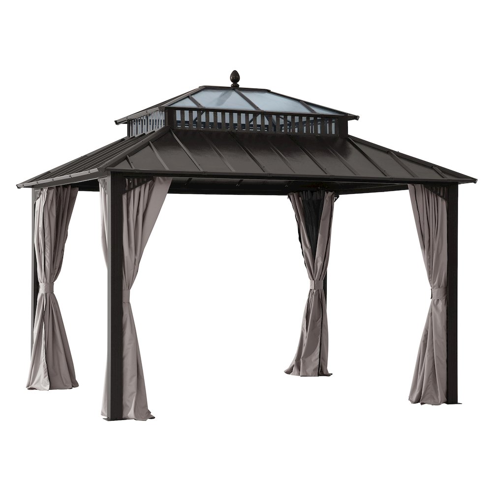 12 ft x 10 ft Hardtop Gazebo with Steel & PC Roof, Brown Aluminum Frame. Picture 1