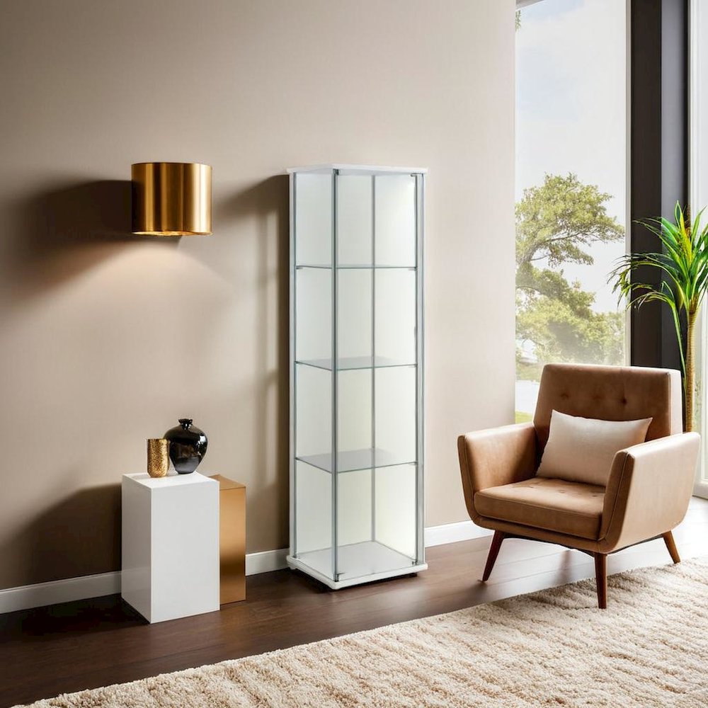 Elegant Rectangular Accent Cabinet with Four Shelves in White and Clear Glass. Picture 4