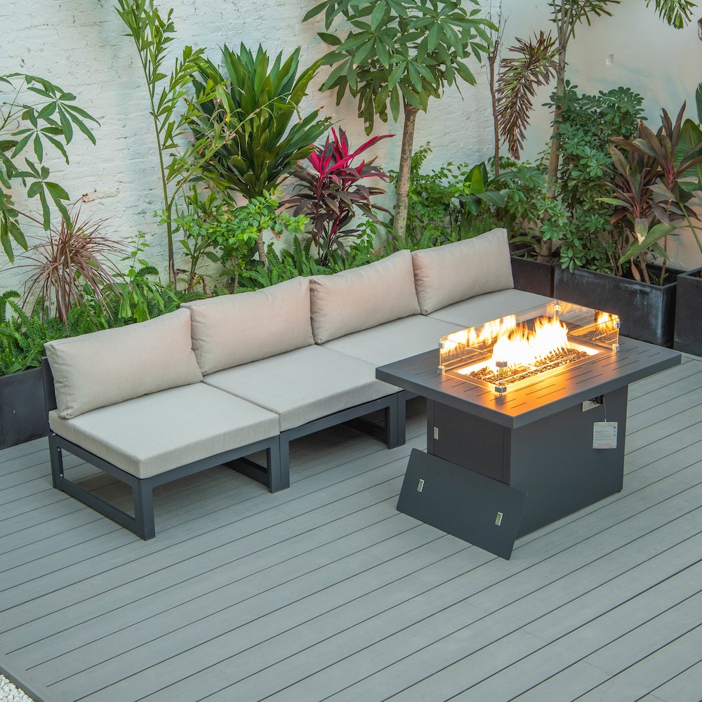 LeisureMod Chelsea 5-Piece Middle Patio Chairs and Fire Pit Table Set With Cushions, Beige. Picture 1