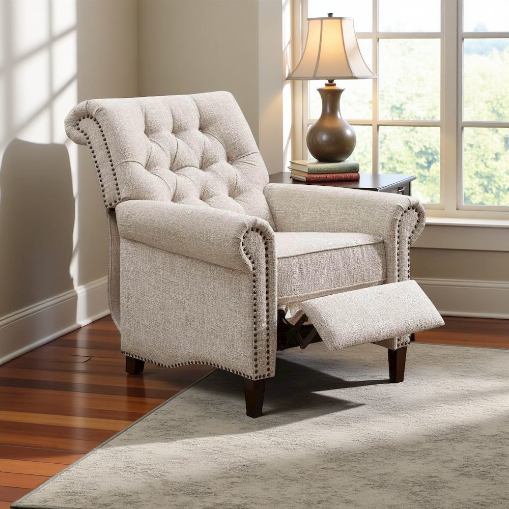 Beige Wingback Recliner Chair – Upholstered Push Back Accent Seat. Picture 3