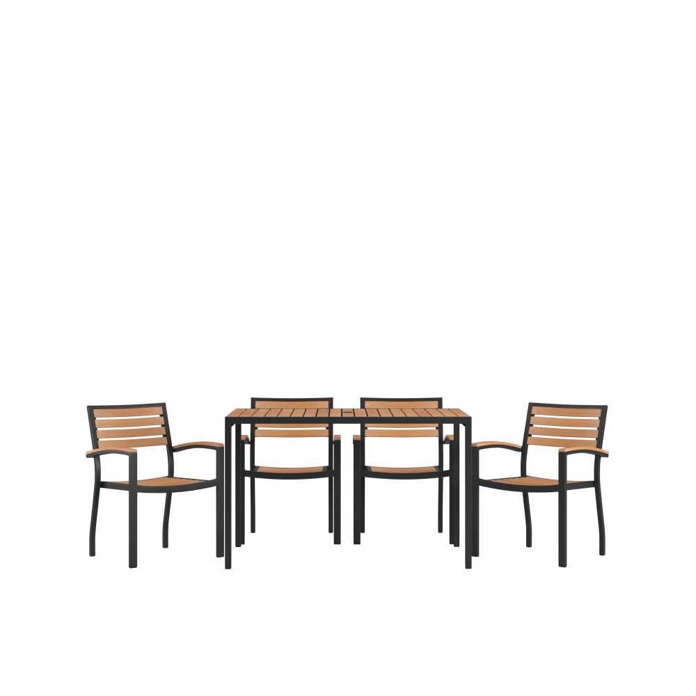 5 Piece Outdoor Dining Table Set - Synthetic Teak Poly Slats - 30" x 48" Steel Framed Table with Umbrella Hole - 4 Club Chairs. Picture 1