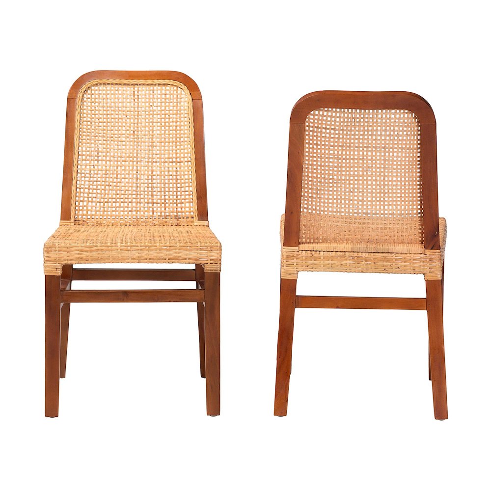 Walnut Brown Mahogany Wood and Natural Rattan 2-Piece Dining Chair Set. Picture 2