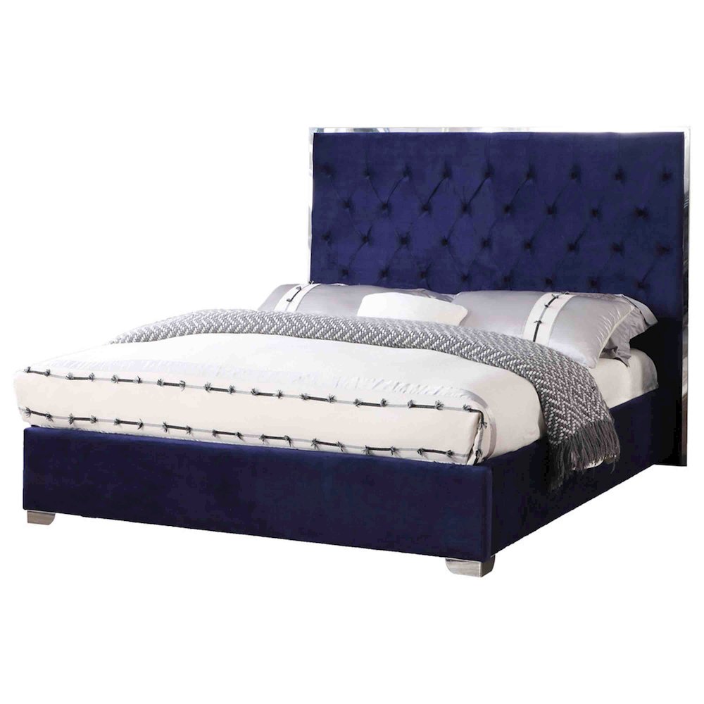 Best Master Kressa Velour Fabric Tufted Queen Platform Bed in Blue. Picture 1