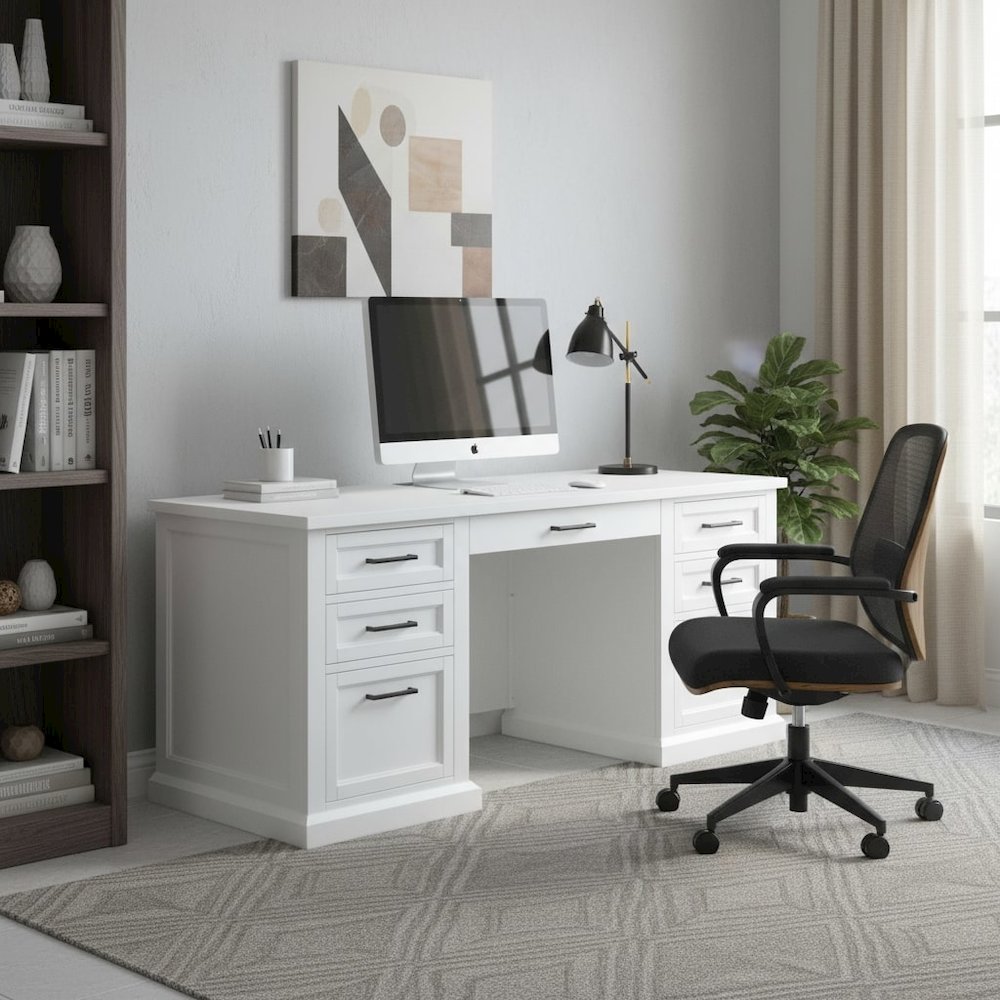 Modern Wood Desk, 7 Drawers, 2 Locking Files, Power Center, White. Picture 3