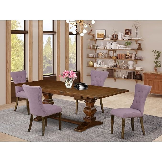 5 Piece Dining Room Table Set Includes a Rectangle Kitchen Table with Removable Leaf and 4 Dahlia Linen Fabric Parson Dining Chairs, 42x92 Inch, Walnut. Picture 4