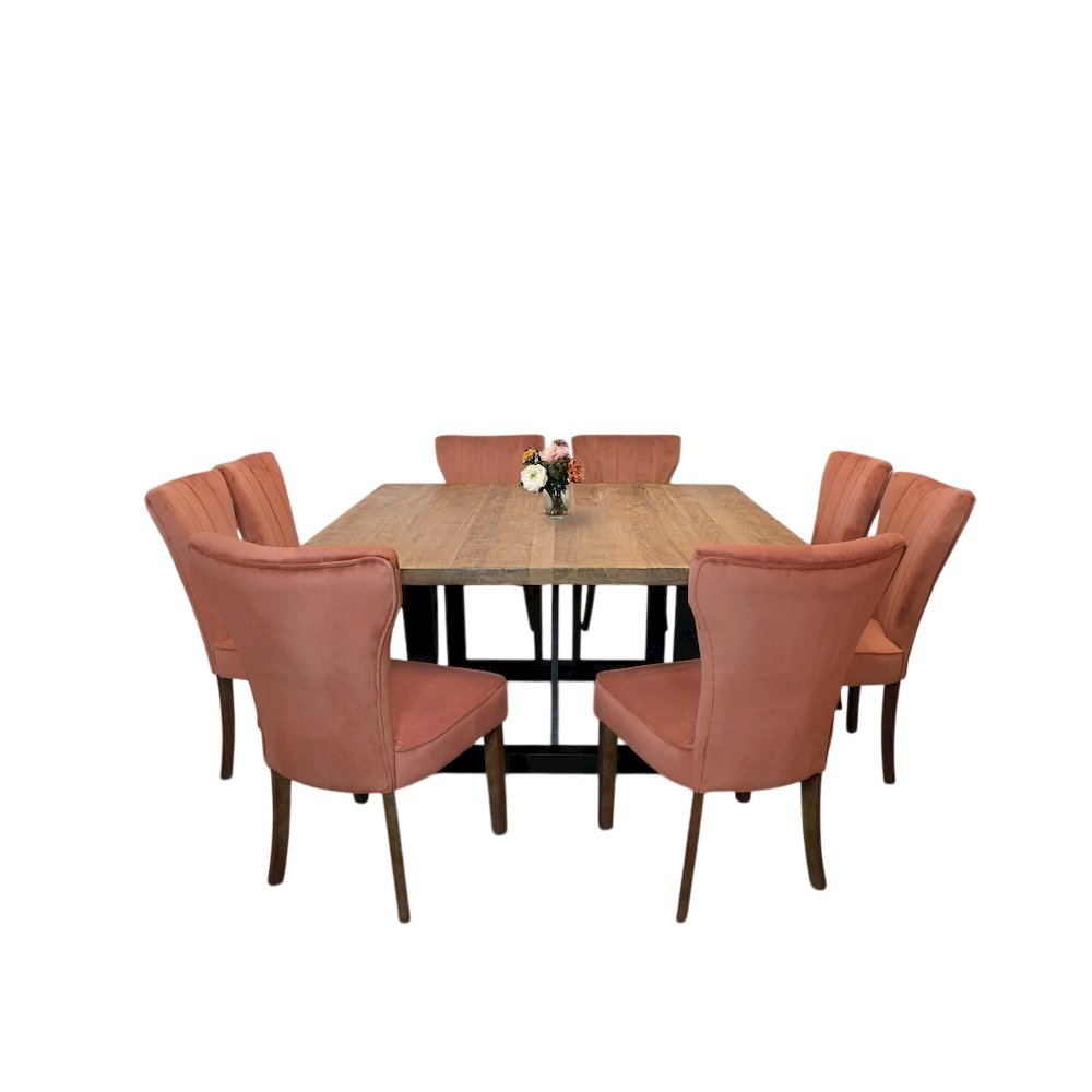 9-Piece Dining Set 8 Cleo Dining Chairs in Velvet Blush Fabric Dark Brown Legs. Picture 1