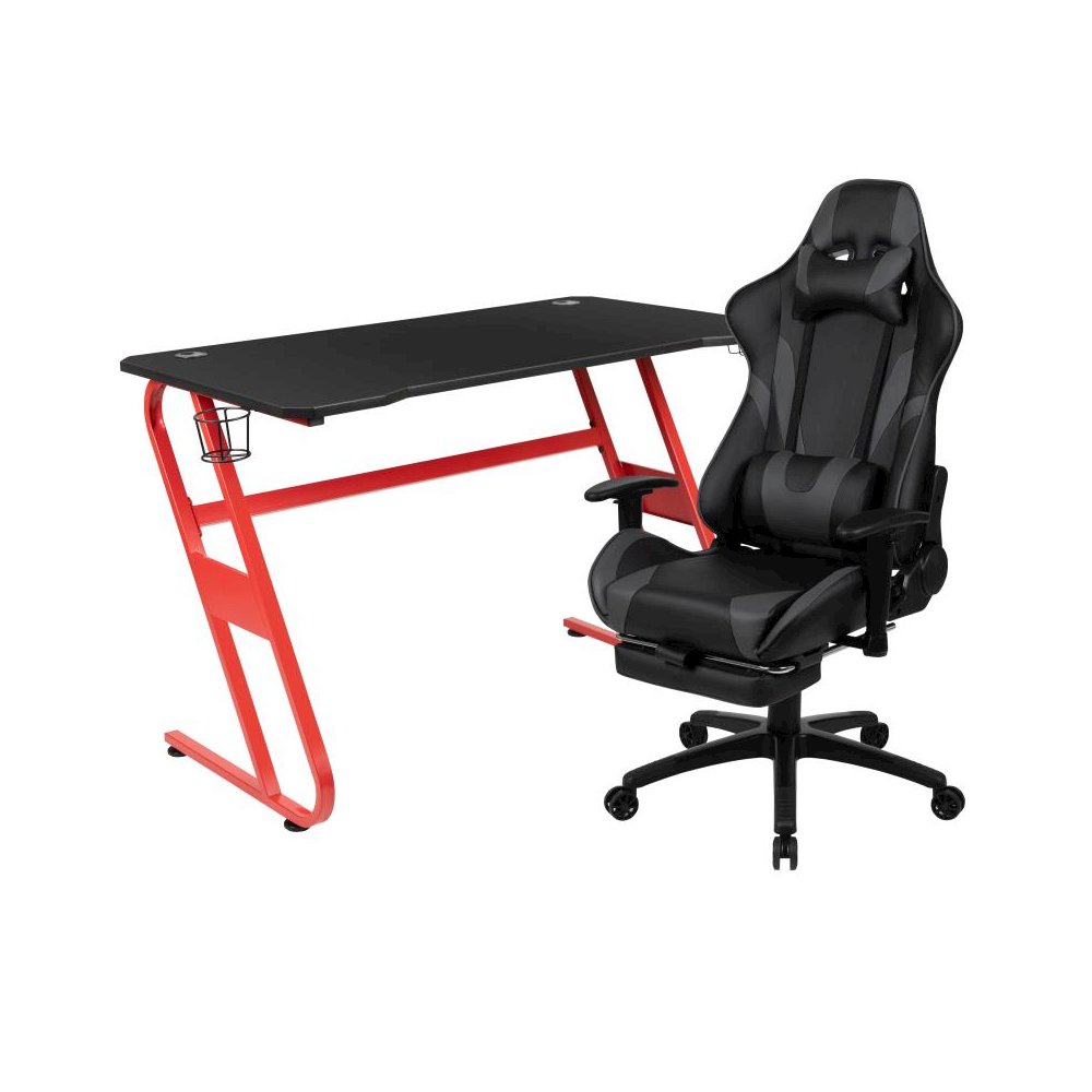Red Gaming Desk with Cup Holder/Headphone Hook & Gray Reclining Gaming Chair with Footrest. Picture 1
