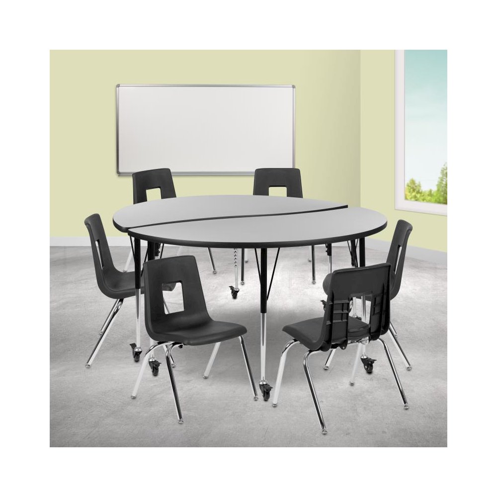 Mobile 60" Circle Wave Flexible Laminate Activity Table Set with 18" Student Stack Chairs, Grey/Black. Picture 2