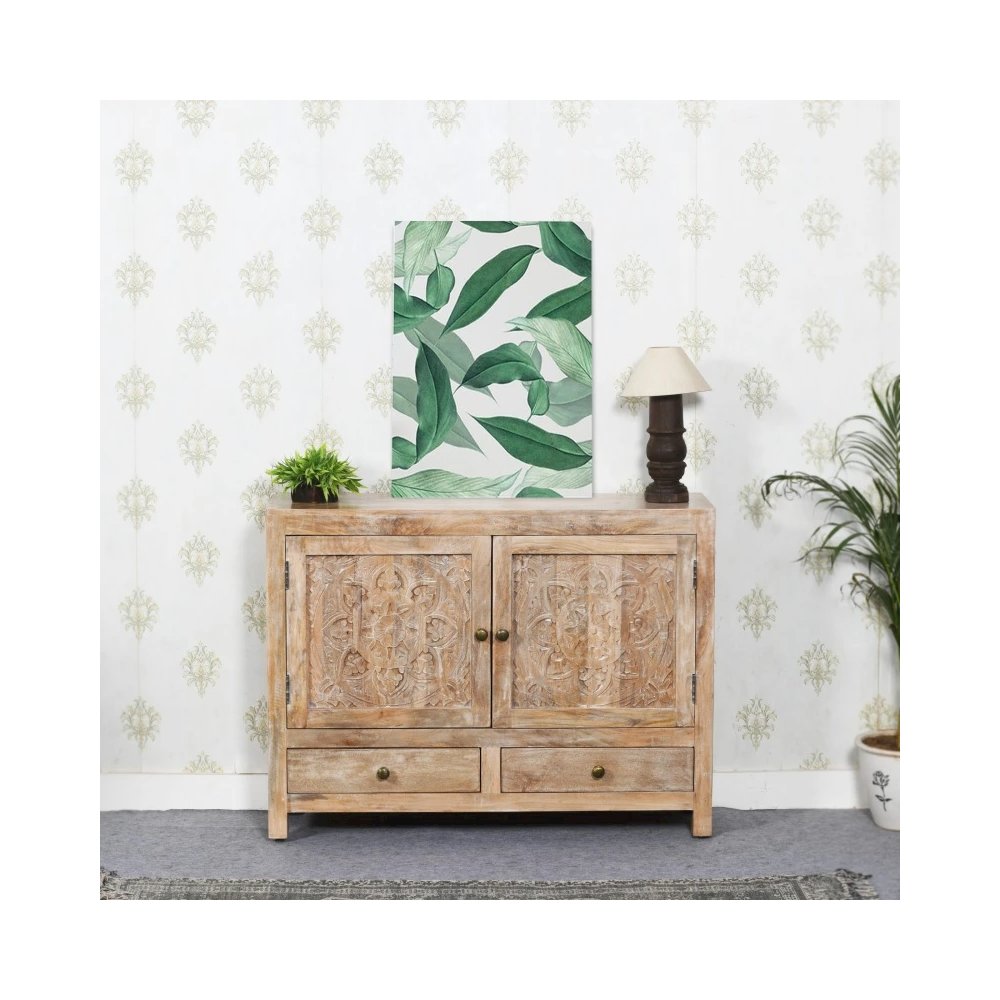 Weatherly 2 Handcarved Doors 2 Drawers Accent Cabinet in Natural. Picture 5