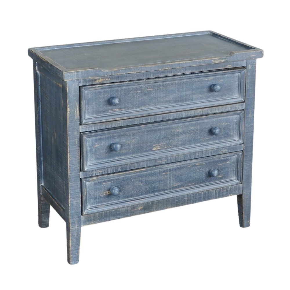 Blue Solid Wood Farmhouse End Table, Nightstand with 3 Drawers for Storage. Picture 1