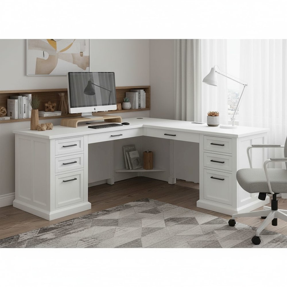 Wood L-Desk & Return, 6 Drawers, 2 Locking Files, Power Center, White. Picture 2