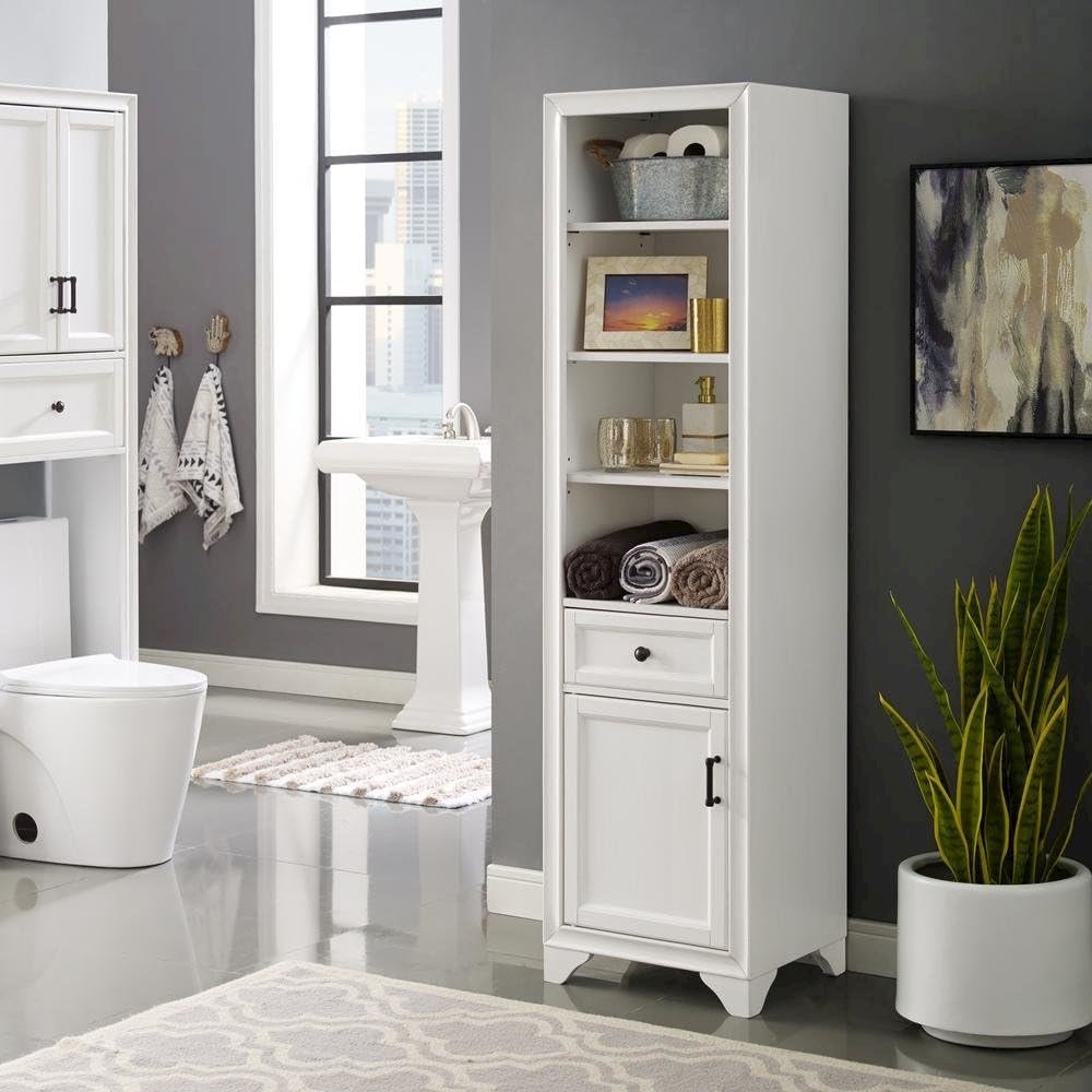 White linen cabinet with anti-tip hardware and sturdy construction. Picture 3