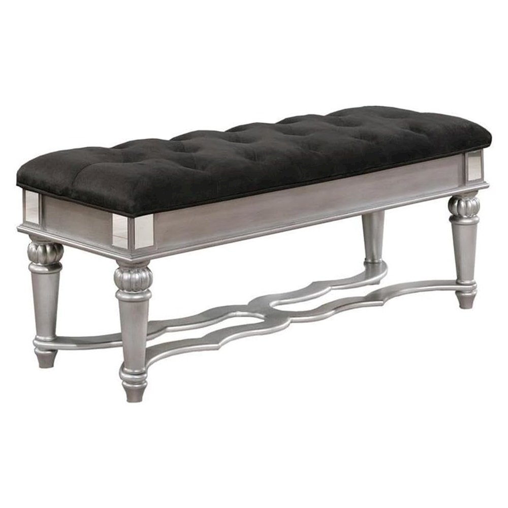 Black Velvet Tufted Bedroom Bench with Mirrored Accents. Picture 1