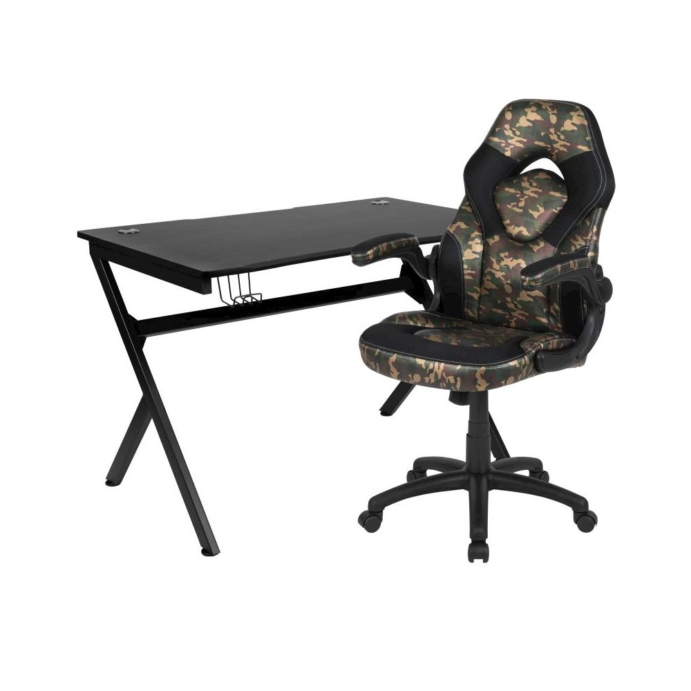 Black Gaming Desk and Camouflage/Black Racing Chair Set with Cup Holder, Headphone Hook & 2 Wire Management Holes. Picture 1