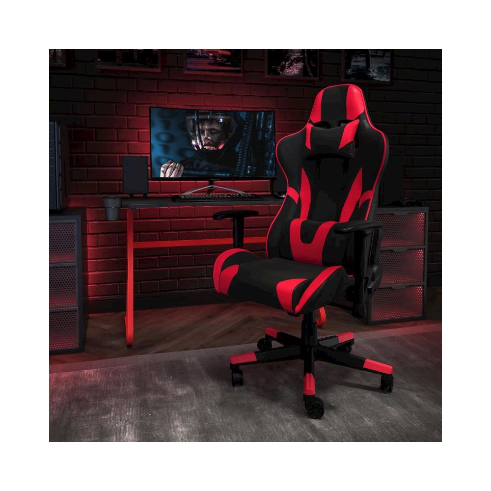 Red Gaming Desk and Red/Black Reclining Gaming Chair Set with Cup Holder and Headphone Hook. Picture 2