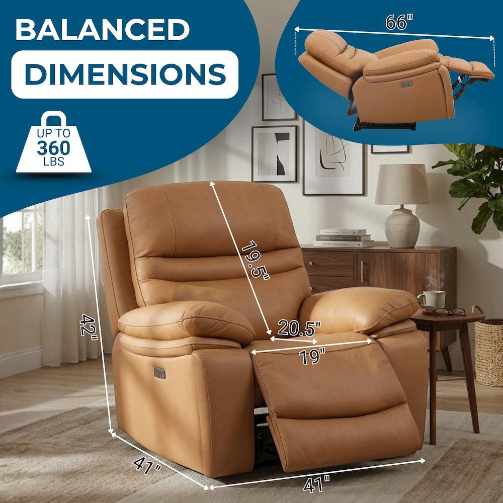 Leather Power Recliner Chair, Top Grain Upholstery, USB & USB-C, 360 lb Support. Picture 8