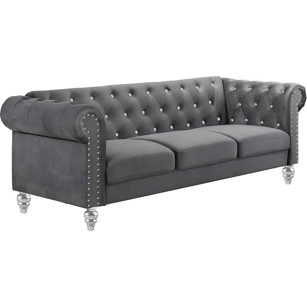 Furniture Emma Velvet Fabric Sofa with Rolled Arms in Gray. Picture 1
