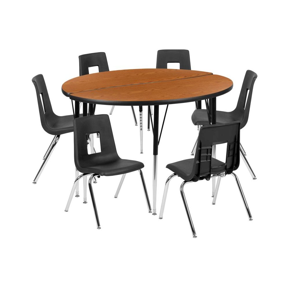 47.5" Circle Wave Flexible Laminate Activity Table Set with 18" Student Stack Chairs, Oak/Black. Picture 1