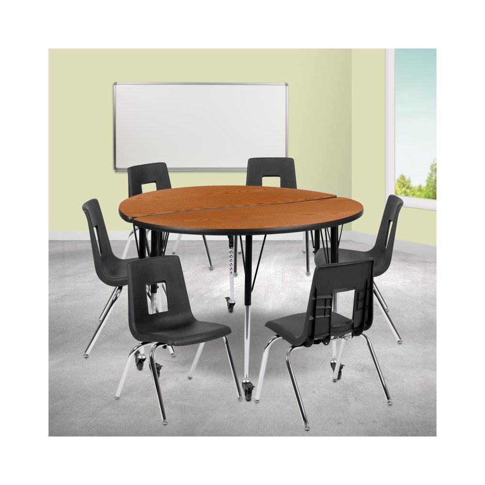Mobile 47.5" Circle Wave Flexible Laminate Activity Table Set with 18" Student Stack Chairs, Oak/Black. Picture 2