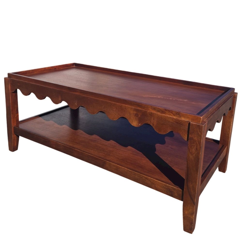 Scallop Coffee Table - Rectangular Mango Wood Side Table - Lower Shelf. Picture 2