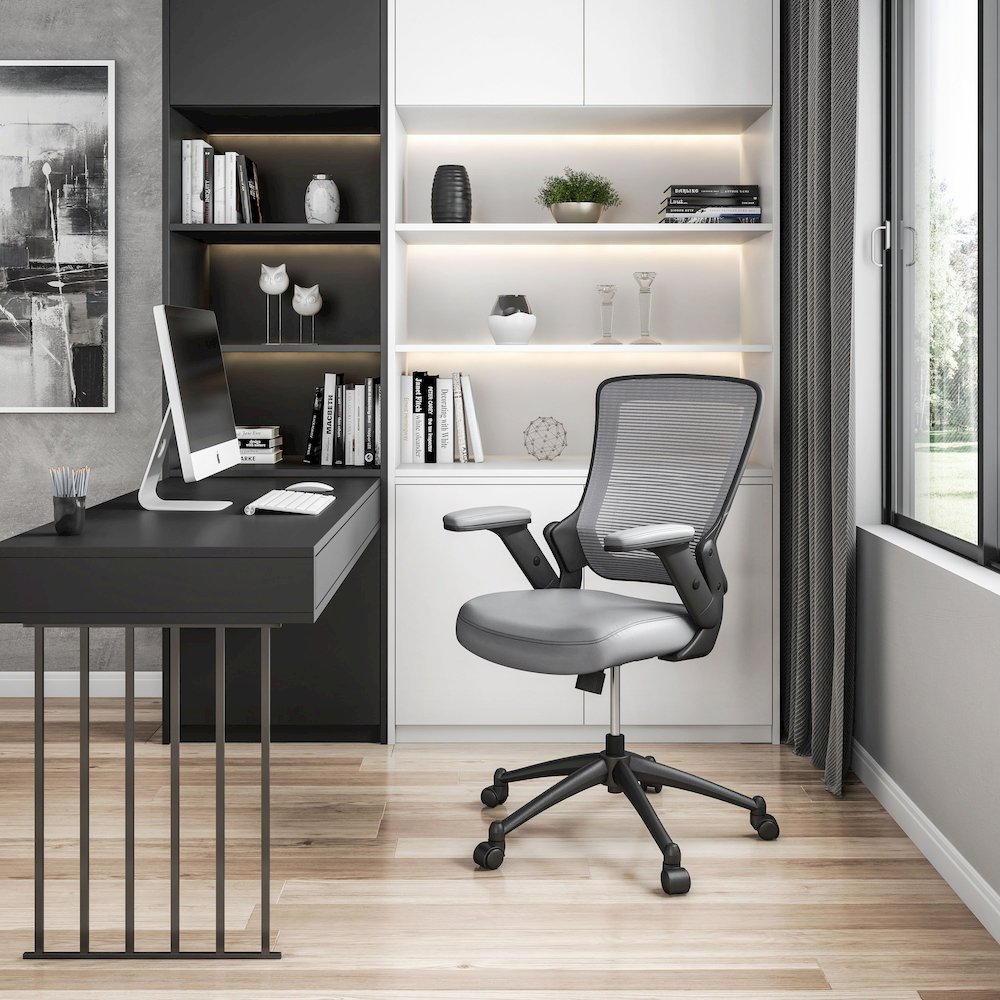 Mid-Back Mesh Task Office Chair with Flip Up Arms. Color: Gray. Picture 2