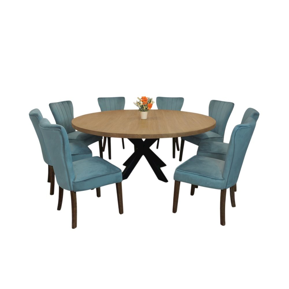 9-Piece 72 Dining Set 8 Cleo Dining Chairs in Teal Velvet Fabric Dark Brown Legs. Picture 1