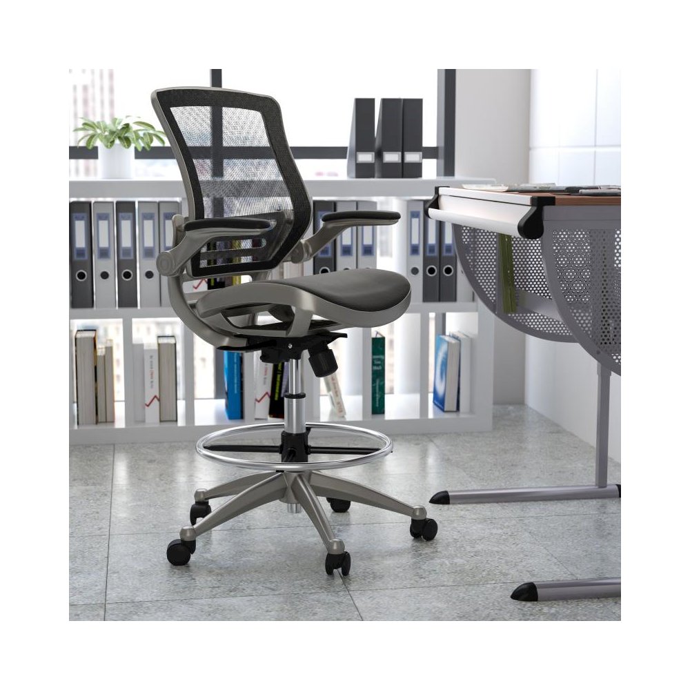 Mid-Back Transparent Black Mesh Drafting Chair with Graphite Silver Frame and Flip-Up Arms. Picture 2