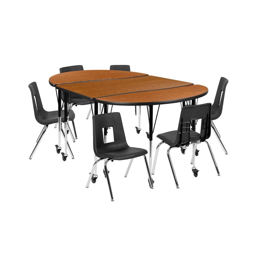 86" Oval Wave Flexible Laminate Activity Table Set with 16" Student Stack Chairs, Oak/Black. Picture 1