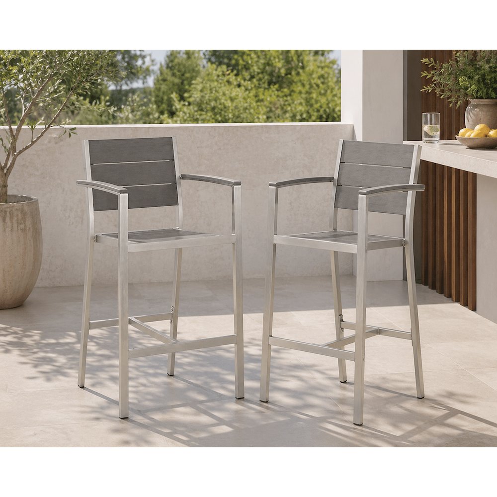 Aluminum Outdoor Bar Stool Set of 2 with Armrests and Comfortable Seating. Picture 2