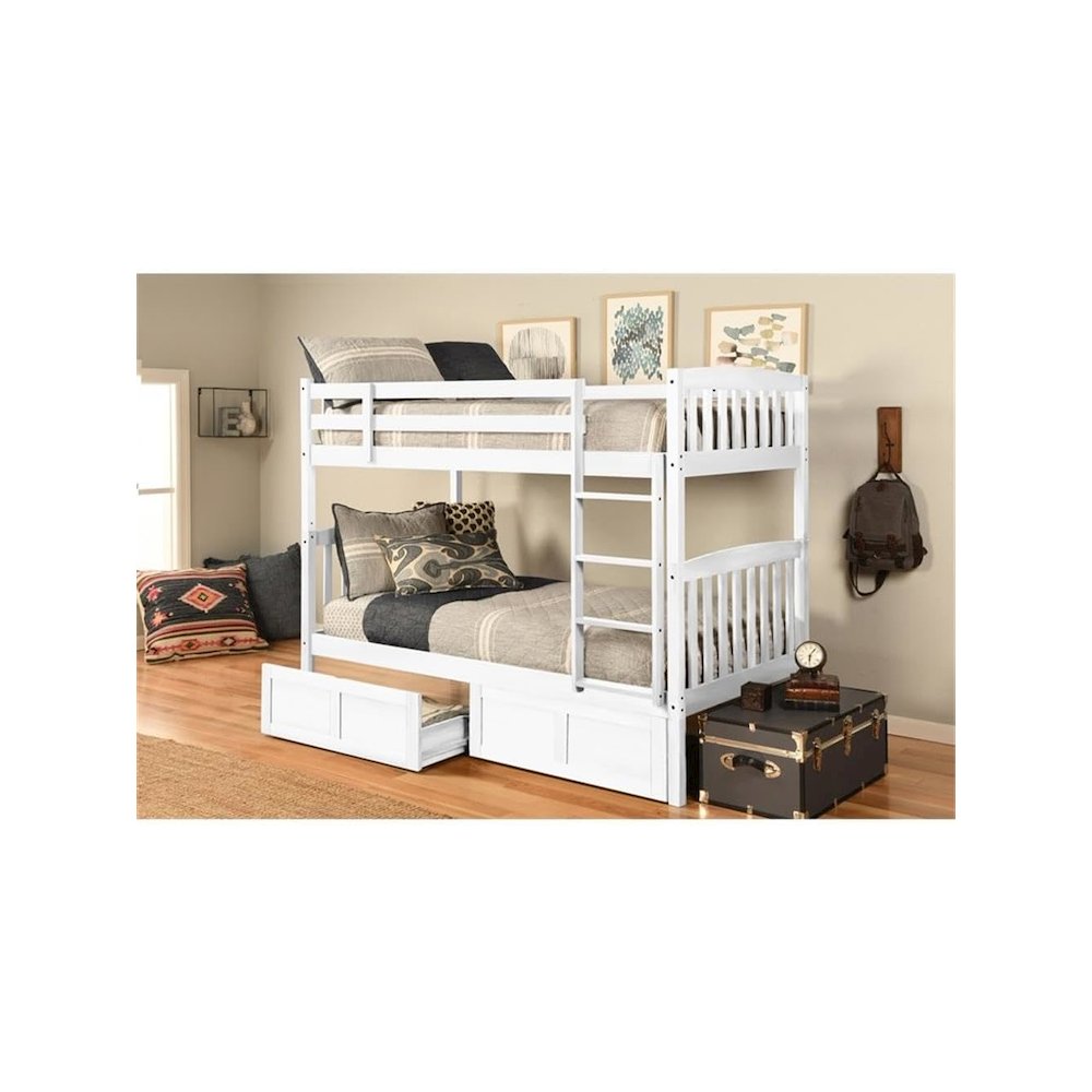 Claire Twin Wood Bunk Bed with Storage in White-Mattresses Not Included. Picture 2
